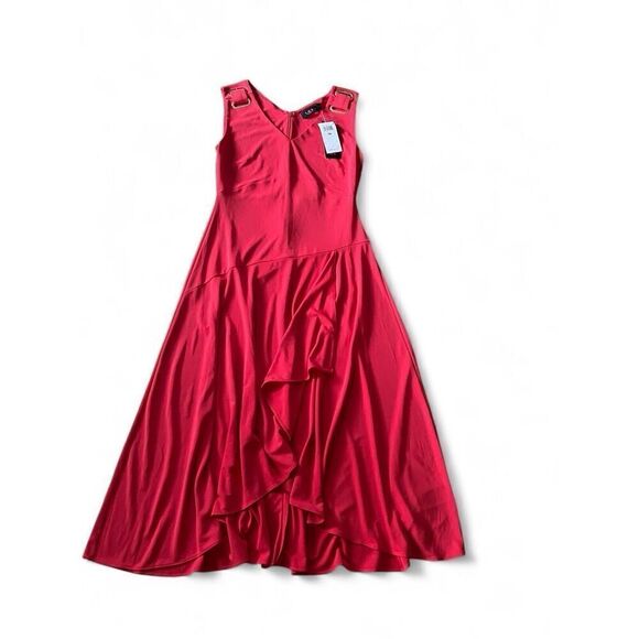 NWT RALPH LAUREN Womens  V Neck Midi Red RUFFLED SheathDress Sz PM Size PM/M NEW - Picture 2 of 10